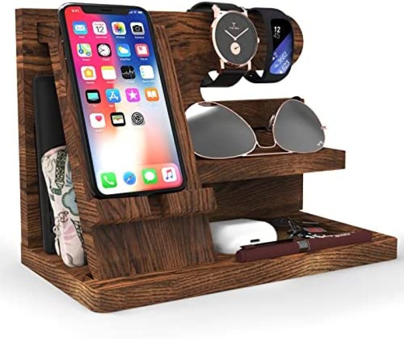 Gifts for Men Wood Phone Docking Station Gifts for Dad Birthday Dad Birthday Gift Dad Gifts Nightstand Organizer Key Wallet Holder Watch Holder Gift for Him Husband Anniversary Night Stand Organizers