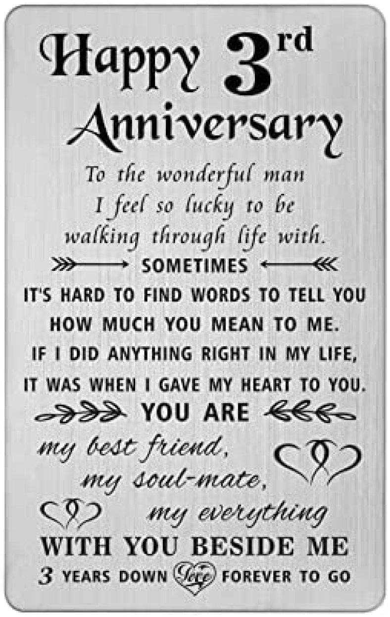 TANWIH 3 Year Anniversary Card Gifts for Him, Happy 3rd Three Years Wedding Anniversary Cards Gift for Husband Men, Engraved Metal Wallet Insert