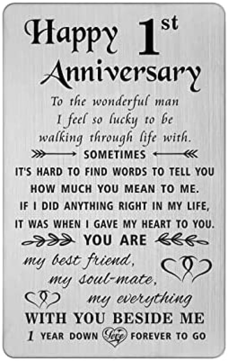 TANWIH Happy 1st Anniversary Card Gifts for Him, First 1 Year Wedding Anniversary Card for Husband Men, Engraved Metal Wallet Insert