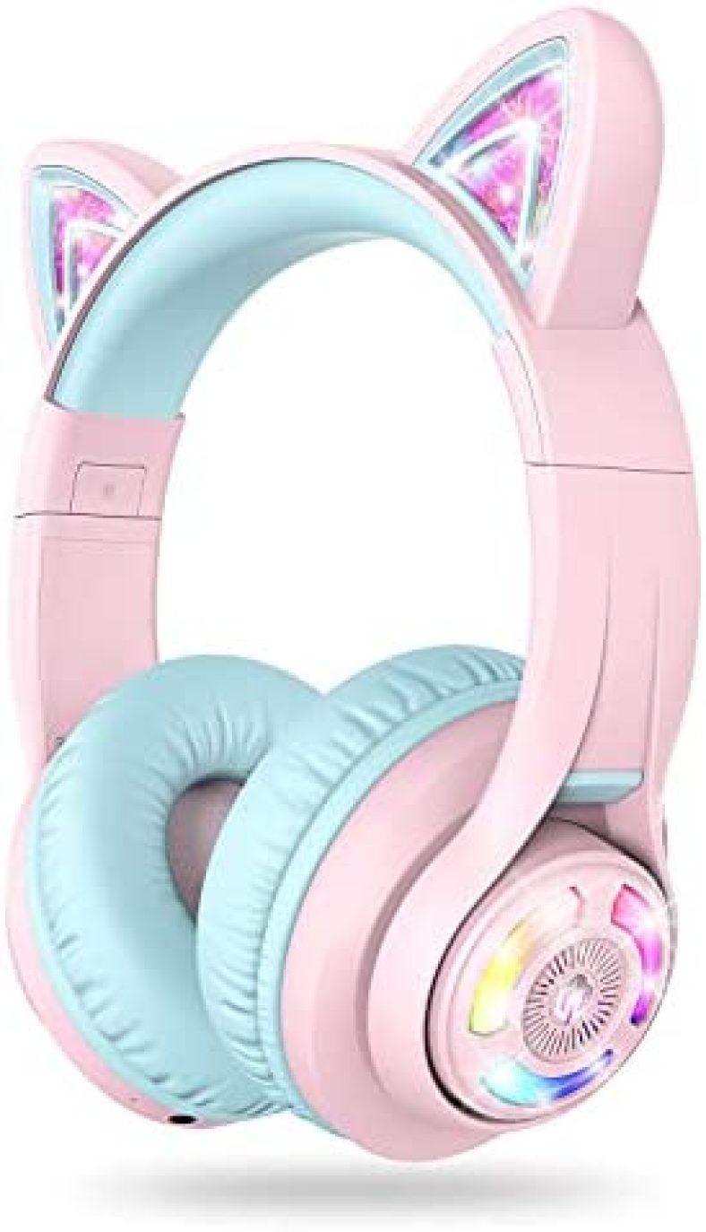 iClever Cat Ear Kids Bluetooth Headphones,LED Light Up Over Ear Kids Wireless Headphones with Mic,74/85/94dB Volume Limited,50H Playtime,Bluetooth 5.2,Pink Headphones for iPad/Tablet/PC/Travel,BTH13