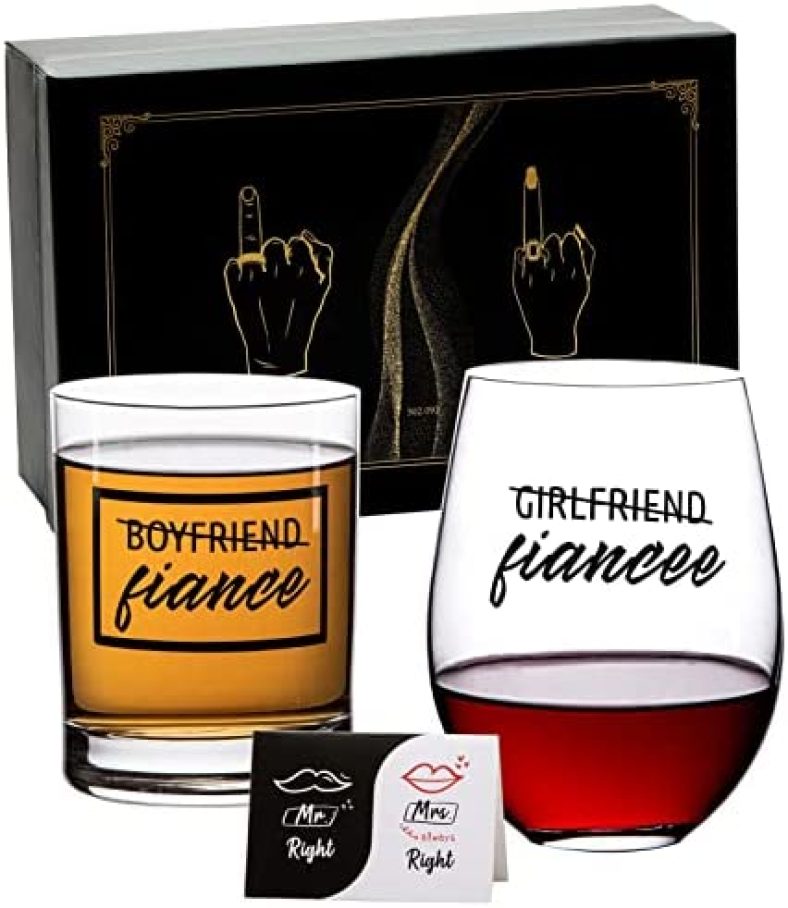 PUGED Engagement Gifts Boyfriend and Girlfriend Wine and Whiskey Glass Gift Set with Gifted Package Fiance Fiancee Gift for Him and Her Unique Couples Gifts For Mr and Mrs Bride and Groom