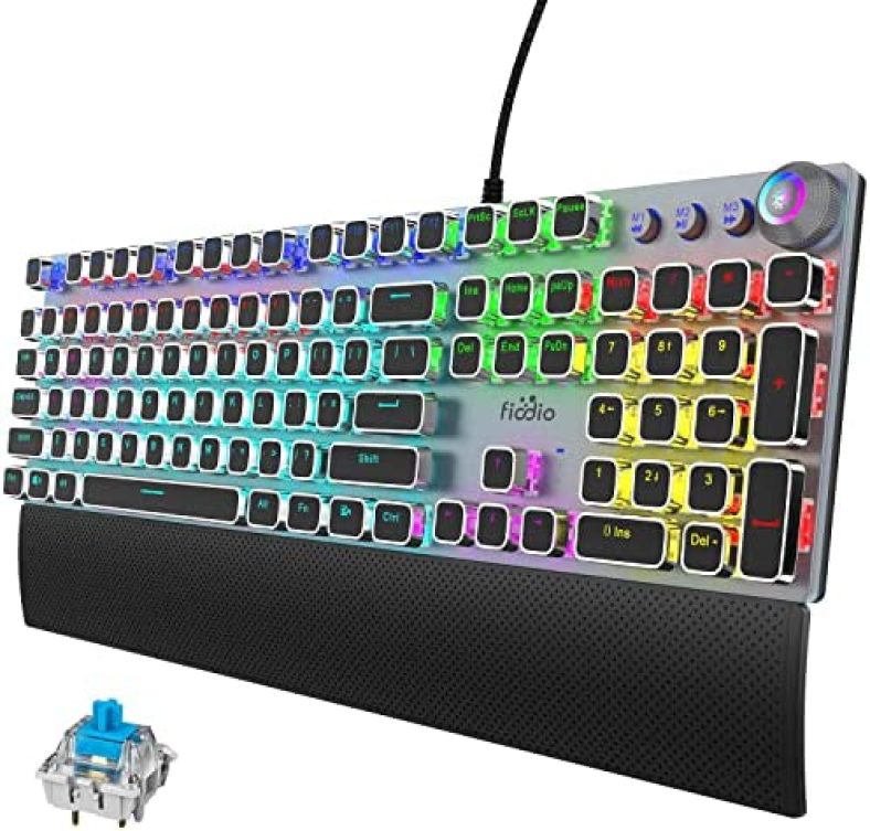 Fiodio Mechanical Gaming Keyboard with Blue Switches, Removable Hand Rest, LED Rainbow Gaming Backlit, Quick-Response 104 Anti-ghosting Keys, Multimedia Control for PC and Desktop Computer