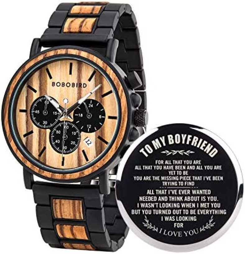 BOBO BIRD Mens Personalized Engraved Wooden Watches, Stylish Wood & Stainless Steel Combined Quartz Casual Wristwatches for Men Family Friends Customized Watch