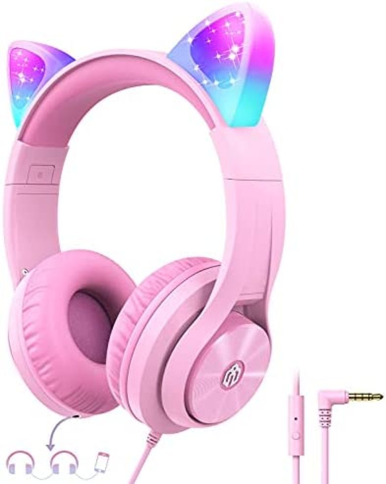 Cat Ear Led Light Up Kids Headphones with Microphone, iClever HS20 Wired Headphones -Shareport- 94dB Volume Limited, Foldable Over-Ear Headphones for Kids/School/iPad/Tablet/Travel (Medium, Pink)