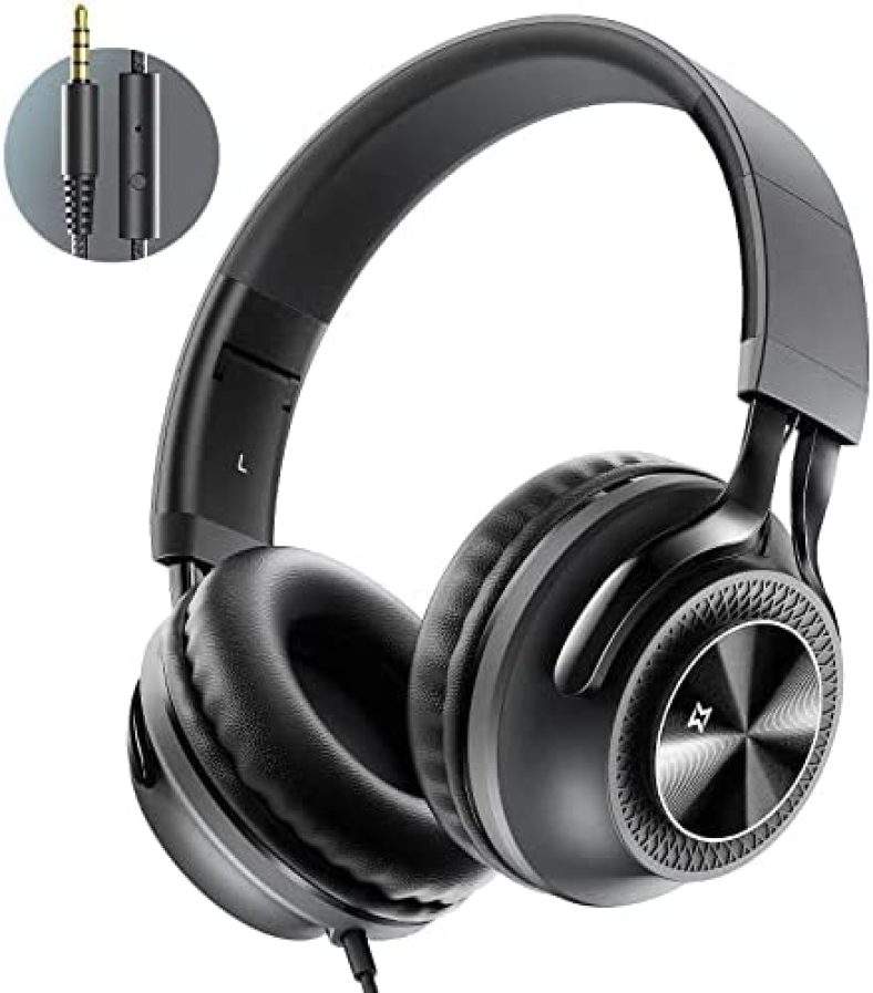 Mevoix On Ear Headphones with Microphone, Wired Headphones for Adults Teens Kids, Deep Bass, Memory Foam Earpads, Foldable Noise Isolating Wired Stereo Headphones for Computer Laptop Smartphone