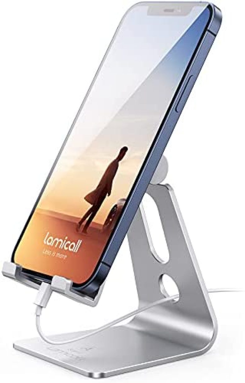 Adjustable Cell Phone Stand, Lamicall Desk Phone Holder, Cradle, Dock, Compatible with Phone 12 Mini 11 Pro Xs Max XR X 8 7 6 Plus SE Charging, Office Accessories, All Android Smartphone – Silver