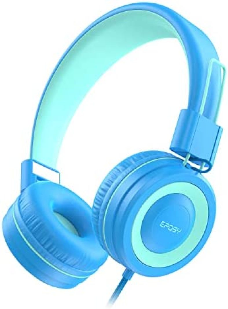 Kids Headphones, Eposy E10 Wired Headphones for Kids Foldable Stereo Bass Headphones with Adjustable Headband, Tangle-Free 3.5 mm Jack for School, On-Ear Headset for Boys Girls Cellphones(Blue/Green)