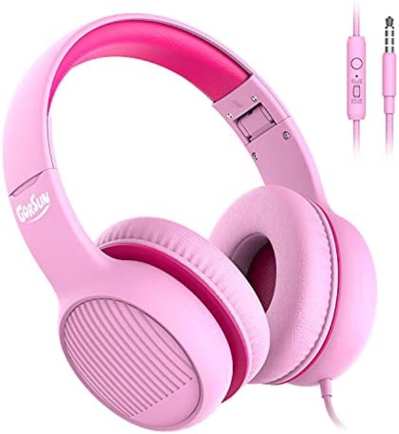 gorsun Premium A66 Kids Headphones with 85dB/94dB Volume Limited, in-line HD Mic, Audio Sharing, Foldable Toddler Headphones, Adjustable, Children Headphones Over-Ear for School Travel, Pink