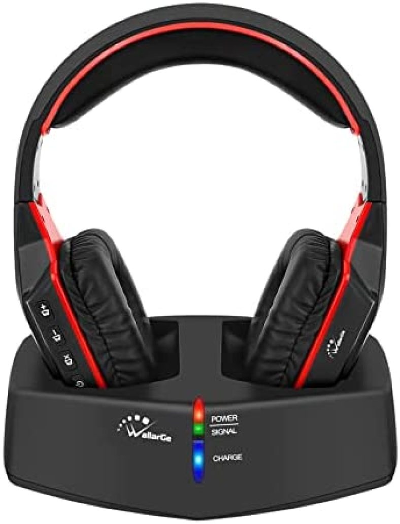 WallarGe Wireless Headphones for TV Watching with 5.8GHz RF Transmitter Charging Dock, Plug and Play, 100 Ft Wireless Range, Rechargeable 20 Hour Battery (Black with Red)