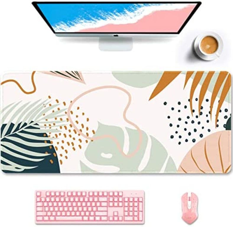 Auhoahsil Desk Pad, XXL Large Mouse Pad, Extended Gaming Mousepad, Cute Desk Mat for Women, Big Office Accessories Mouse Pad for Computer Keyboard and Laptop, 35.5 x 15.7 Inch, Green Boho Style