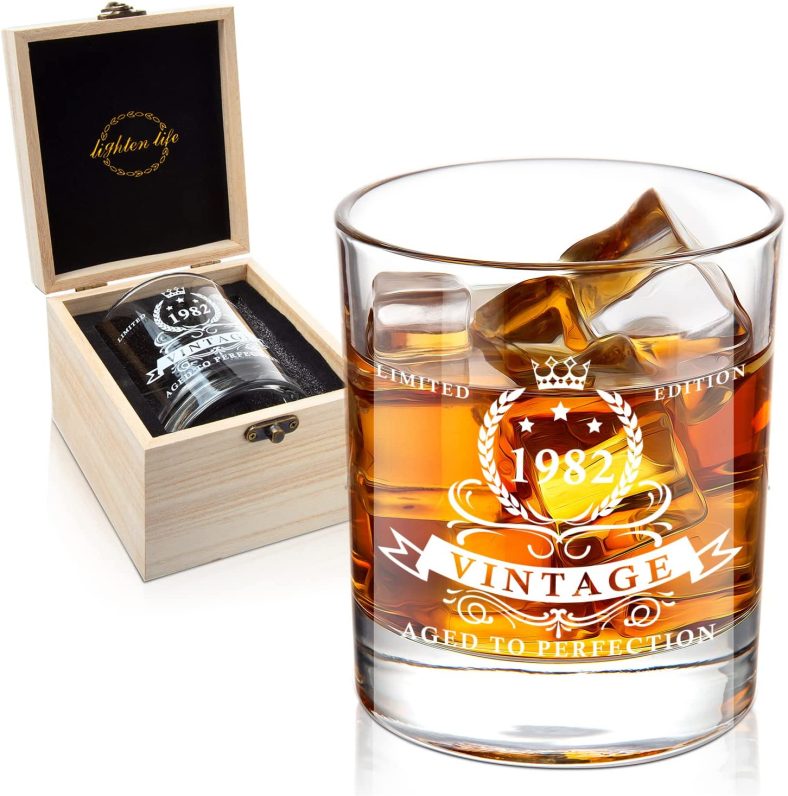 Lighten Life 40th Birthday Gifts for Men,1982 Whiskey Glass in Valued Wooden Box,Bourbon Glass for 40 Years Old Dad,Husband,Friend,40th Birthday Decorations for Men,12 oz Old Fashioned Glass