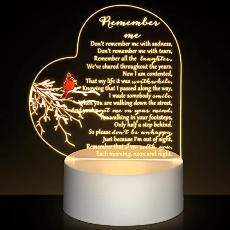 Memorial Gift Night Light Clear Crystal Acrylic Heart Sympathy Gifts Sign with LED Light Lamp Base Remembrance Bereavement Gift Beautiful Cardinal Gifts Decor Condolence Present for Loss of Loved One