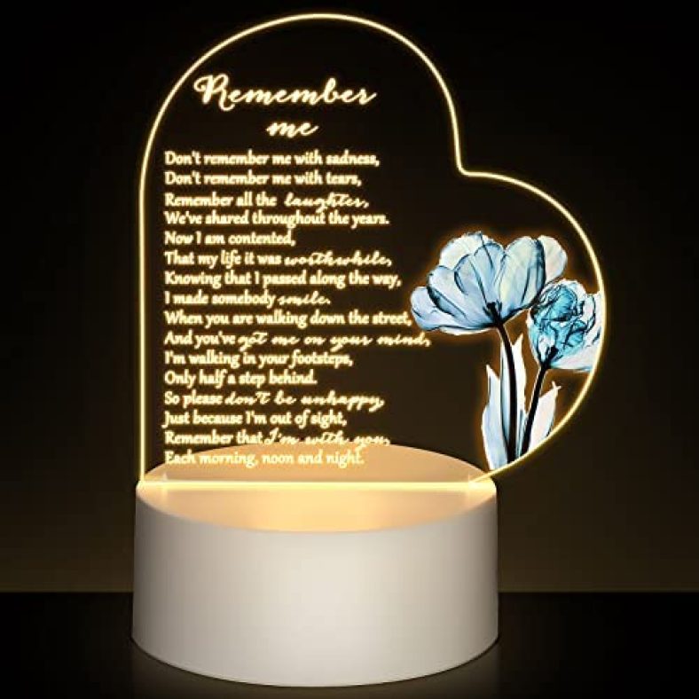 Memorial Gift Night Light Crystal Acrylic Heart Sympathy Gifts Sign Memorial Gifts in Memory of Loved One Gifts LED Night Lamp with Engraved Sayings and Base for Loss of a Loved One Mother Father