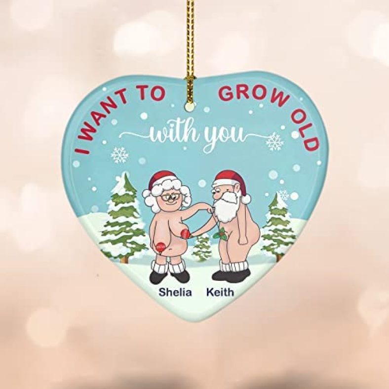 Personalized I Want to Grow Old with You Christmas Ornament for A Couple, Funny Santa Old Couple Gifts for Husband Wife Grandparents Christmas Wedding Anniversary, Custom Funny Christmas Ornaments