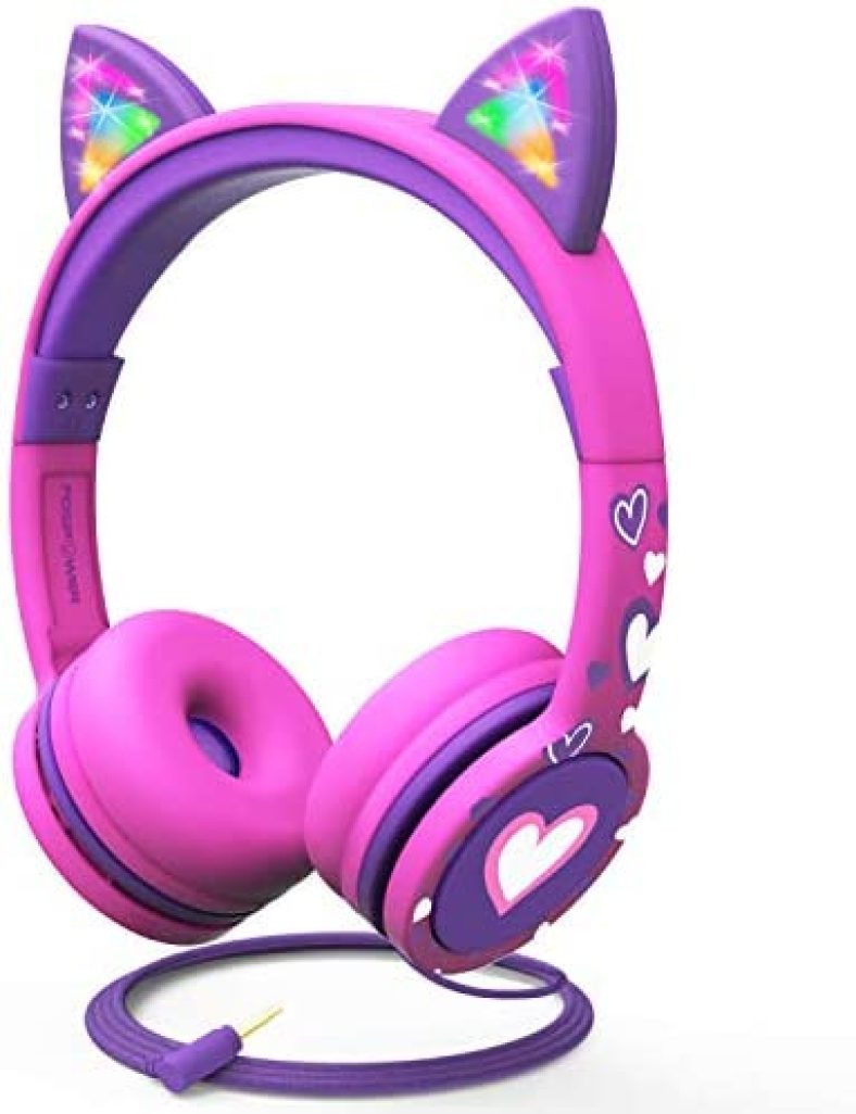 FosPower Kids Headphones with LED Cat Ears, 3.5mm On-Ear Wired Headset with Laced Cables for iPad/Smartphones/PC/Kindle/Tablet/Laptop/School (Max Volume 85dB) – Hot Pink/Purple