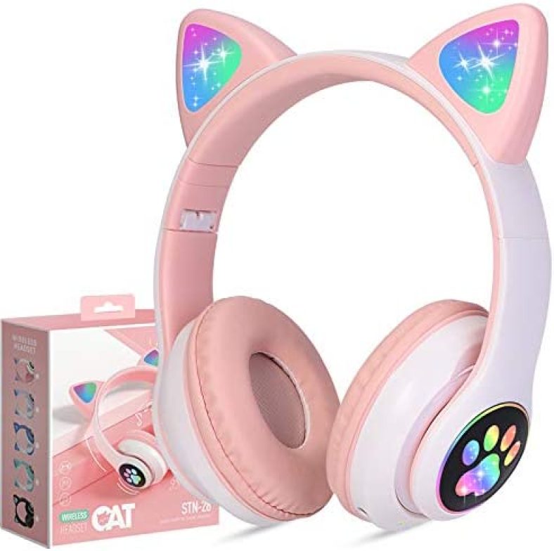 Kids Wireless Headphones TCJJ Cat Ear LED Light Up Bluetooth Foldable Headphones Over Ear w/Microphone for Online Distant Learning (Pink)