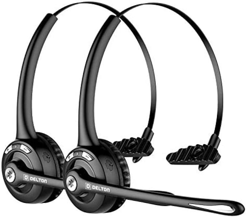 Delton 10X Trucker Bluetooth Headset, Wireless Headphones w/Microphone, Over The Head Single Earpiece with Mic for Skype, Call Centers, Truck Drivers – 18Hrs (2-Pack)