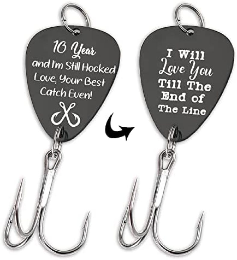 Fisherman Gift for Husband Boyfriend 10st Wedding Anniversary Fishing Lure Hook 10 Years Valentines Day Couple Engraved Fishing Hook Gifts for Mens Hubby Fishing Lover Gift for Him Christmas Birthday