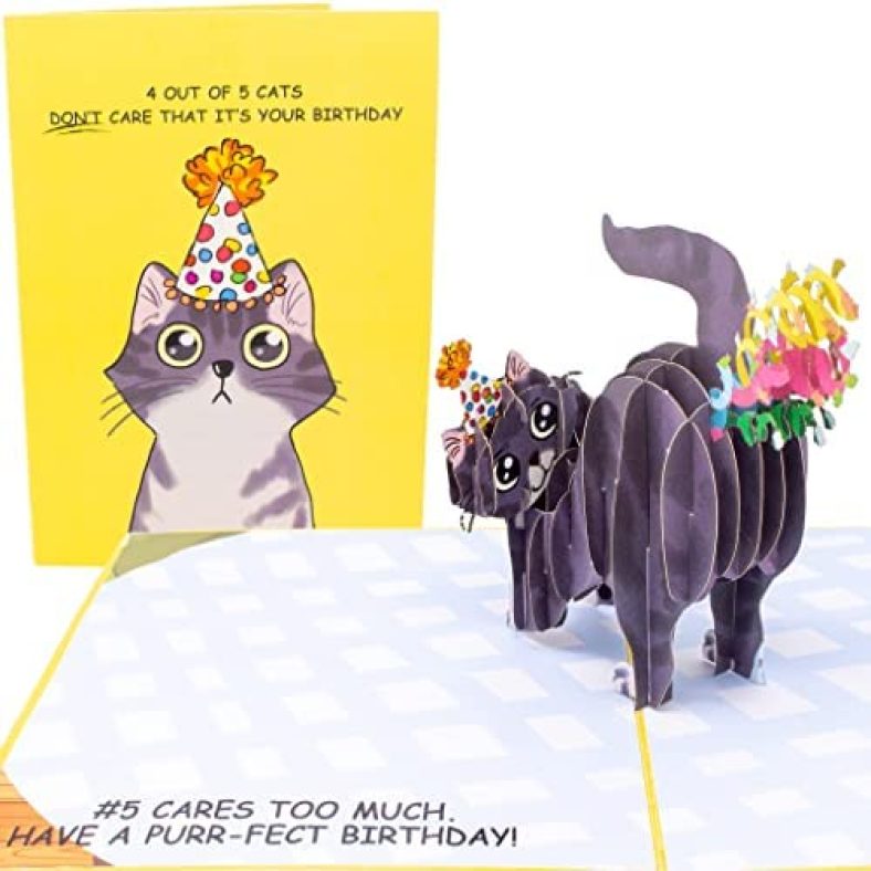 Dirty Pop Cards – Purr-fect Pop Up Birthday Card, 3D Cat Farting Confetti Funny Birthday Card, Cat Mom or Dad Bday Popup Cards for Husband, Wife, Friend, and Every Cat Lover – 1 Card 5 x 7 inch, 1 Notepaper, 1 Envelope