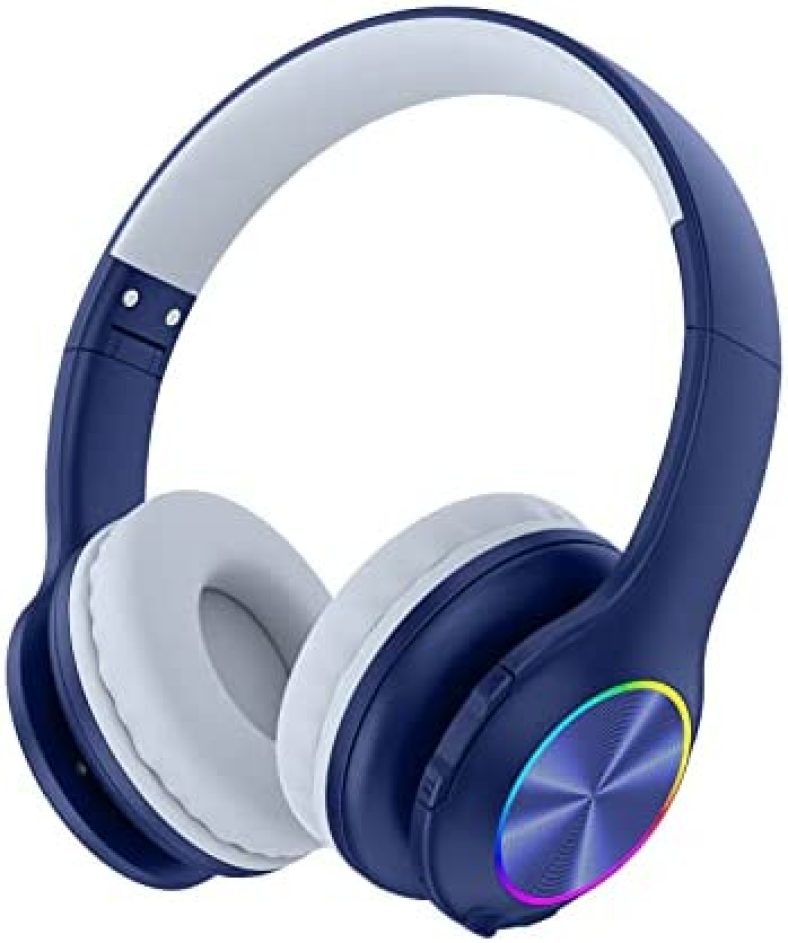 Bluetooth Kids Headphones Fit for Aged 3-21, Colorful LED Lights Comfort Wireless Headphones with Microphone 94dB Volume Limited for School/iPad/PC/TV/Cellphones, Wired & TF Card Mode, Navy Blue