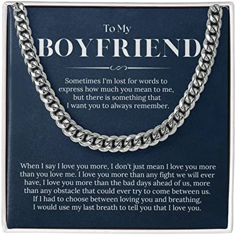 To My Boyfriend Cuban Chain Necklace, Promise Necklace for Him, Mens Birthday Gifts from Girlfriend, Valentines Day Gifts for Boyfriend, Boys Chains for Boyfriend, Jewelry with Message Card for Men