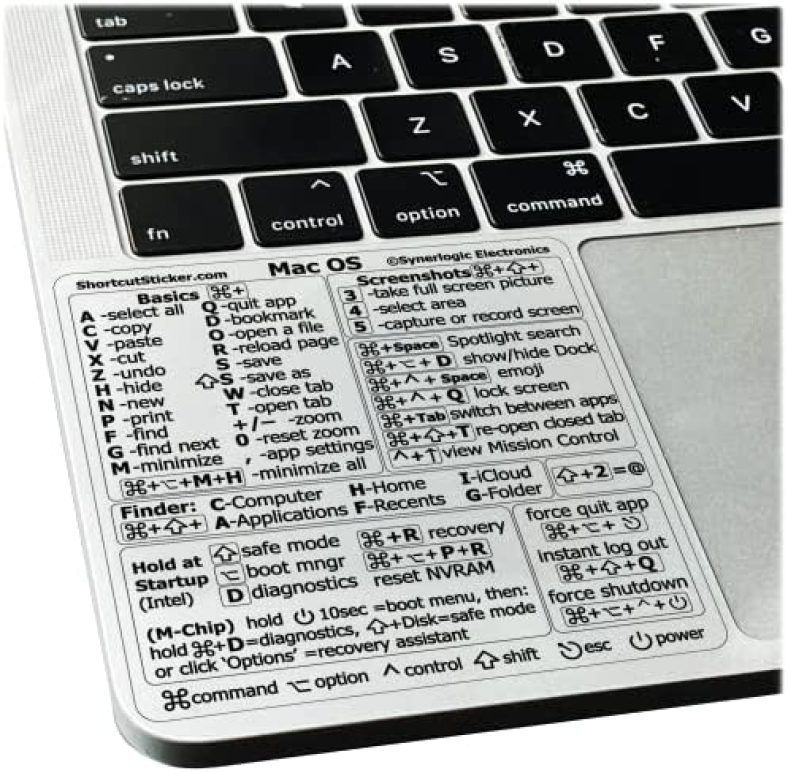 SYNERLOGIC Mac OS (Ventura/Monterey/Big Sur/Catalina/Mojave) Keyboard Shortcuts, M1/M2/Intel No-Residue Clear Vinyl Sticker, Compatible with 13-16-inch MacBook Air and Pro