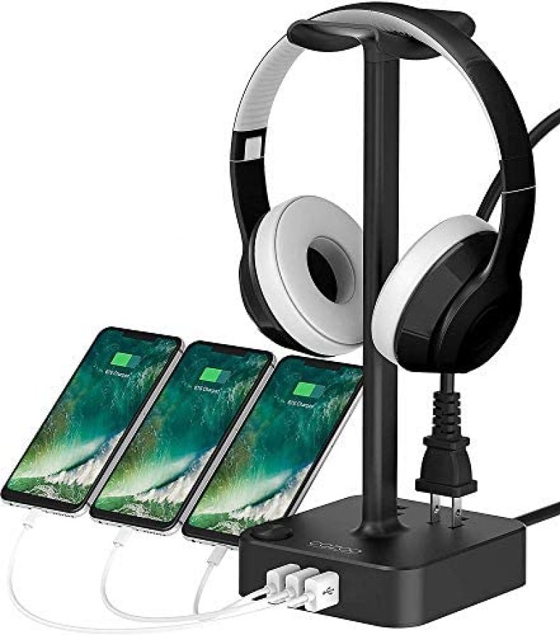 COZOO Headphone Stand with USB Charger Desktop Gaming Headset Holder Hanger with 3 USB Charger and 2 Outlets – Suitable for Gaming, DJ, Wireless Earphone Display (Black)