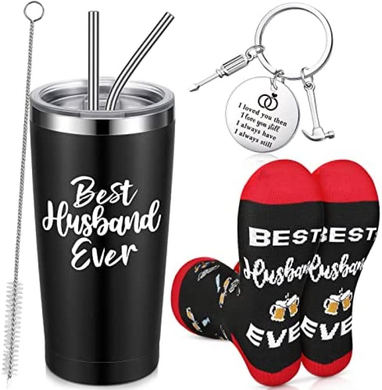 EBOOT 3 Pieces Husband Gifts Set for Christmas Men Tumbler Set Husband 20oz Travel Tumbler with Straws Funny Novelty Socks with Matching Keychain for Anniversary Birthday Father’s Day Presents