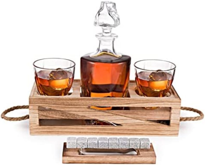 Whiskey Decanter Gift Set – Husband Birthday Gifts Chilling Rocks Stones Scotch Bourbon Holder – 2 Whiskey Glasses – Perfect Whiskey Decanter Set for Scotch Alcohol Bourbon Gift for Men Dad Boyfriend