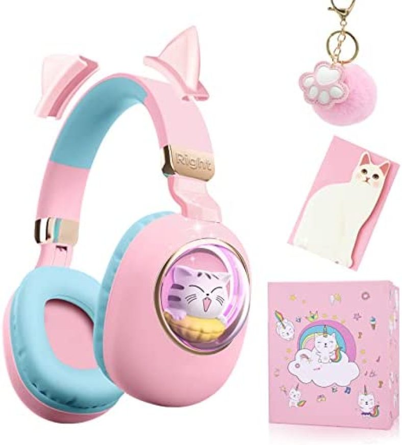 QearFun 7 Colors LED Light Up 3D Cat Headphones Bluetooth, Foldable Cat Ear Wireless On Ear Earphones Gaming Headset with Mic & 3.5mm Jack, Gifts for Kids/Teen Girls/Cat Lover/iPad/Tablet（Pink）