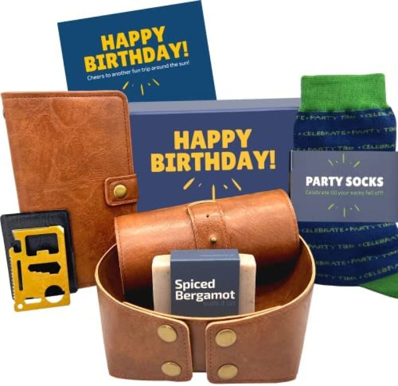 Happy Birthday Box for Men | Gifts for Men Leather Organizers Notebook Socks Soap Multi Tool | Unique Mens Presents for Him Son Dad Husband Brother Guy