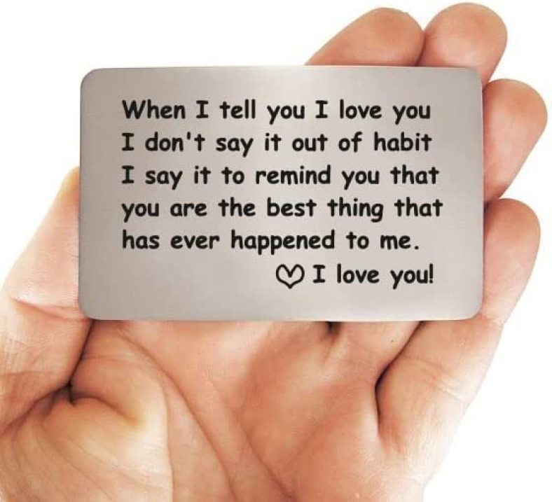 I love you Stainless Steel Engraved Wallet Insert Sentimental Keepsake Personalized Wallet Card for Him Husband Boyfriend Gifts for Anniversary Birthday, Metal Wallet Card for Men, Silver, 2×3 Inches