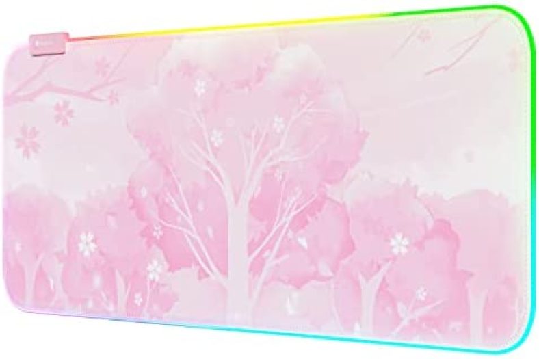 Pink RGB LED Gaming Mouse Pad, 14 Modes Glow Pad, Extra Large Gaming Mousepad,Waterproof Rubber Non Slip Cute Sakura Mat, Extended Big Keyboard and Mouse Pad Mat for Gamer Office Home, 800×300×4mm