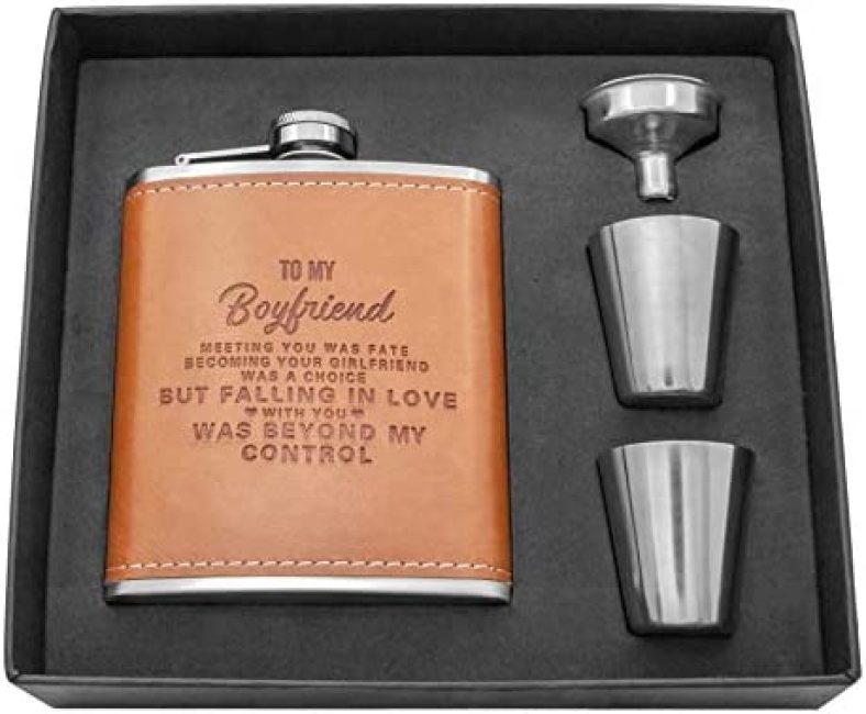 Personalized Flask Set- Engraved Custom Hip Flasks For Boyfriend- Stainless Steel with Leather Flask Gifts For Men, Birthday Valentine’s Christmas Gift (Brown-For Boyfriend)