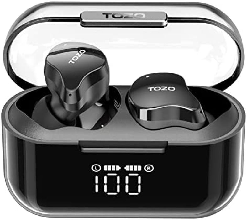 TOZO Crystal Buds Bluetooth 5.3 True Wireless Stereo Earbuds IPX8 Waterproof in Ear Headset Call Noise Reduction Headphones with Digital Display and Transparent Case Long Standby Earphones Black