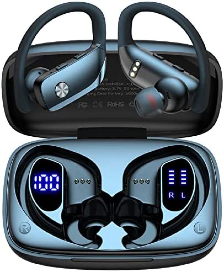 Wireless Earbuds Bluetooth Headphones 48hrs Play Back Sport Earphones with LED Display Over-Ear Buds with Earhooks Built-in Mic Headset for Workout Black BMANI-VEAT00L