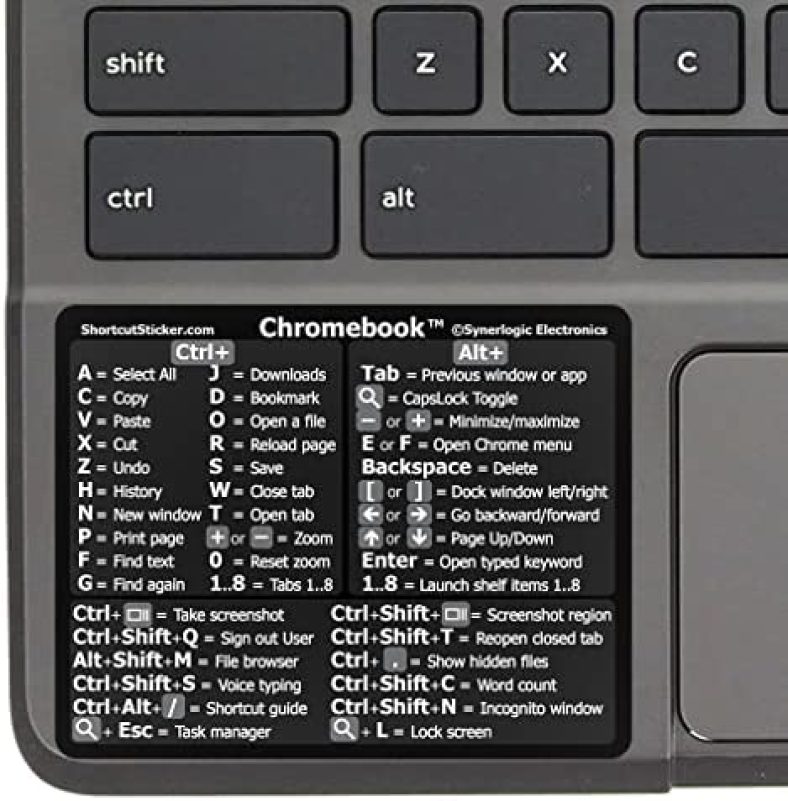 SYNERLOGIC Chrome OS Reference Keyboard Shortcut Sticker – No-Residue Vinyl – Size 3″x2.4″ for Any Brand Chromebook Laptop Running Chrome OS (Black, Pack of 2)