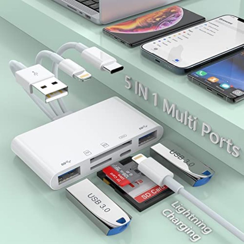 Multi 5-in-1 Lightning+Type C+USB A Card Reader for iPhone/iPad/Android/Mac Book/Computer/Tablet/Camera/Hard Disk/Flash Drive,OTG Memory Adapter for SD/Micro SD/SDHC/SDXC/MMC—MFI