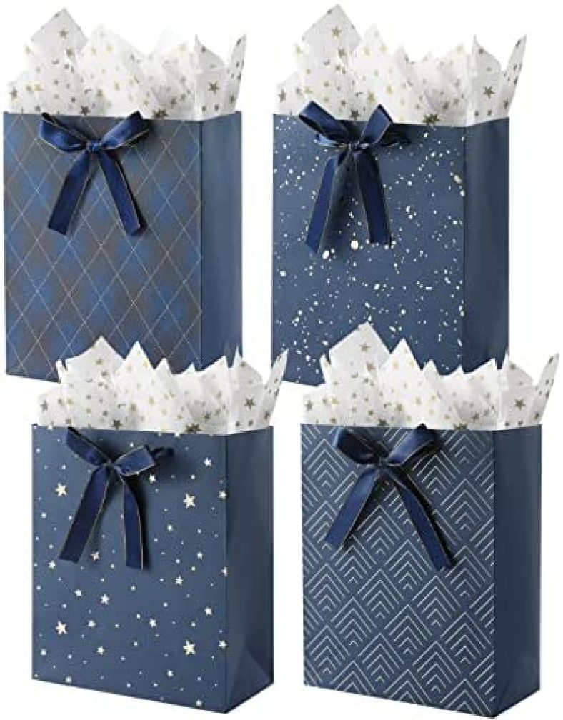 KomoLeay 4 Pack 9″ Medium Size Gift Bags Assorted Premium Blue Gift Bags with Tissue Paper Use for Birthdays, Baby Shower,weddings,Party Favor, Holiday Presents-7″ X 4″ X 9″