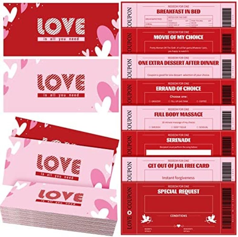 Whaline 30 Pieces Valentines Day Love Coupons Cards for Him or Her, Husband, Wife, Boyfriend, Girlfriend or Couples Red Pink Love Coupons Voucher Romantic Gift for Birthday, Anniversary, Christmas