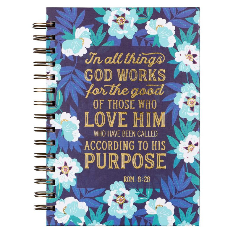 Hardcover Journal In All Things Romans 8:28 Bible Verse Blue Floral Inspirational Wire Bound Notebook w/192 Lined Pages, Large