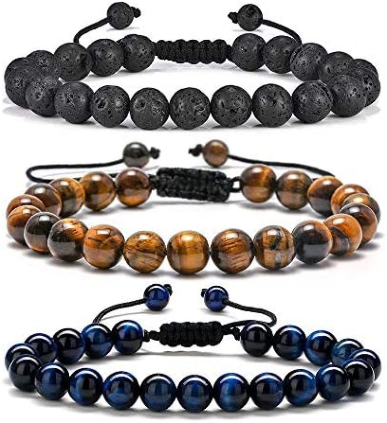 Lava Rock Bracelet – 8mm Stone Tiger Eye Bracelet Lava Rock Bracelet , Stress Relief Yoga Beads Adjustable Bracelet Anxiety Aromatherapy Essential Oil Diffuser Healing Lava Bracelet for Men Women