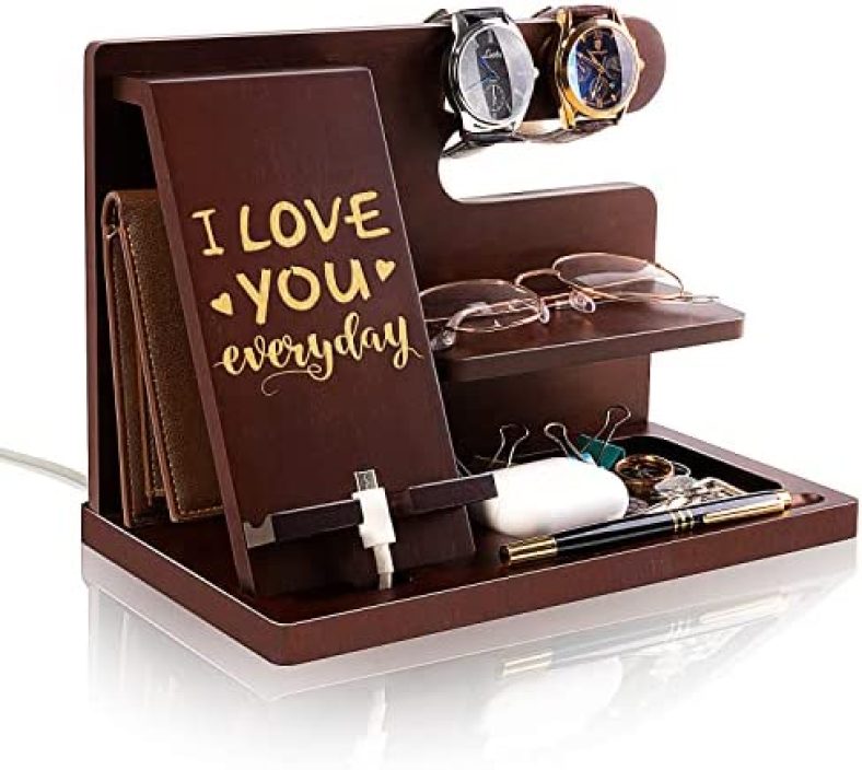 Personalized Wood Phone Docking Station for Husband Boyfriend – I Love You Everyday – Key Holder Wallet Stand Watch Organizer Men Gift Anniversary Birthday Christmas Nightstand Male Travel Gadgets