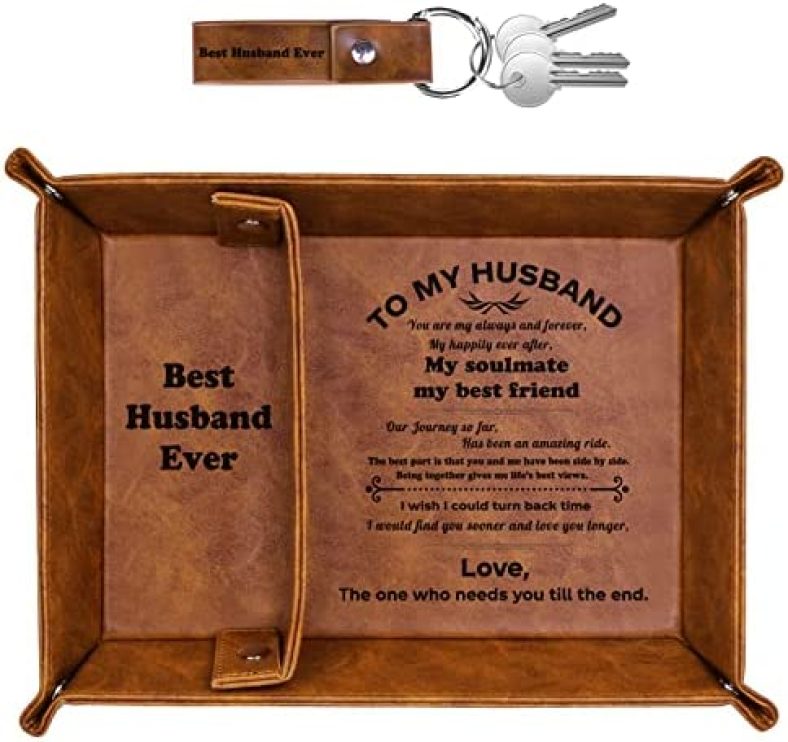 ZAPUVO Best Husband Ever Gifts PU Leather Tray and Keychain, Unique Valentine’s Day Anniversary Birthday Gifts from Wife, Men Gift Ideas for Him Husband Who Has Everything for Fathers Day Christmas