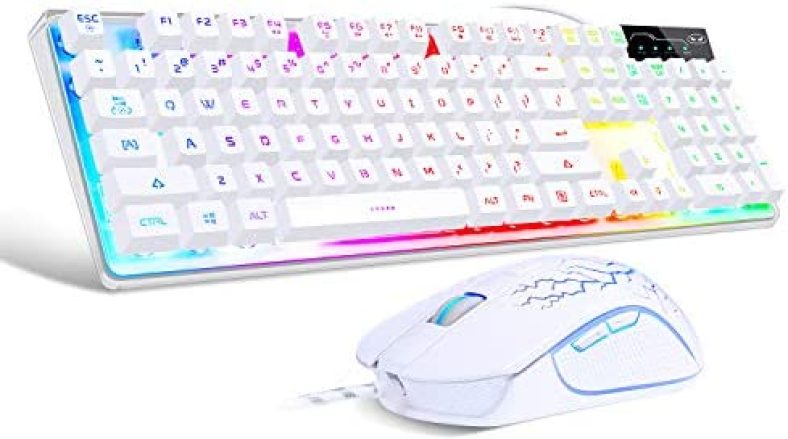 Gaming Keyboard and Mouse Combo, K1 LED Rainbow Backlit Keyboard with 104 Key Computer PC Gaming Keyboard for PC/Laptop(White)