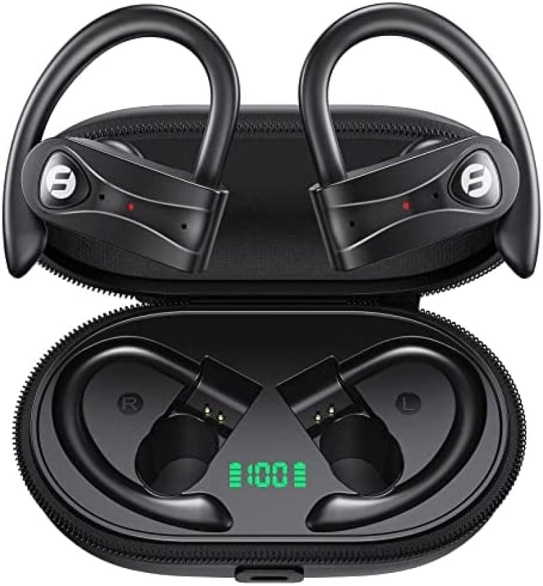 Bluetooth Headphones with 4 Mics Clear Call Stereo Sound Wireless Earbuds 60Hrs Playtime with Wireless Charging Case Over Ear Earphones LED Digital Display Headset with Earhooks for Sports Running TWS