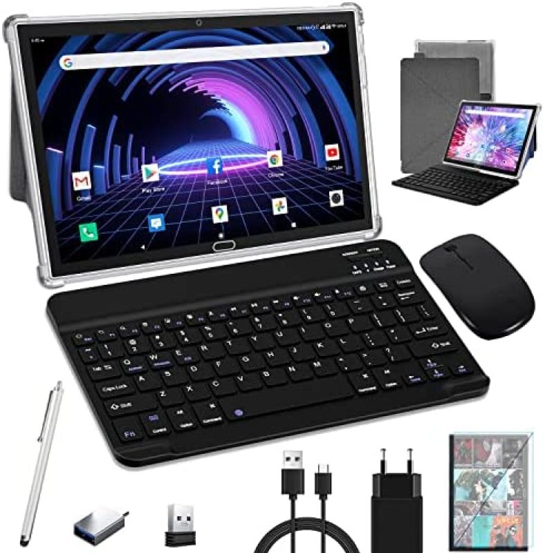 Tablet with Keyboard, Android 11.0 2 in 1 Tablets, 10.1 inch Tablet HD, 4GB RAM 64GB ROM 256GB Expandable, Octa-Core Processor, WiFi, GPS, Bluetooth, Google Certified Tablet PC