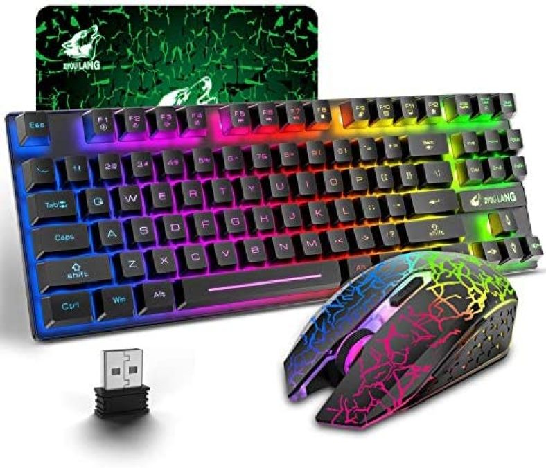 Wireless Gaming Keyboard and Mouse Combo with 87 Key Rainbow LED Backlight Rechargeable 3800mAh Battery Mechanical Feel Anti-ghosting Ergonomic Waterproof RGB Mute Mice for Computer PC Gamer (Black)