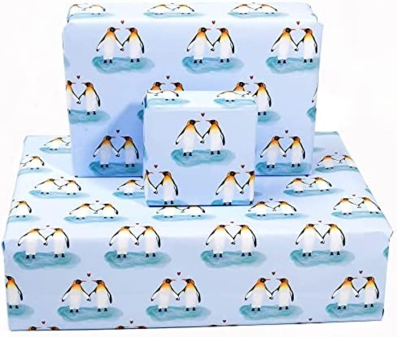 CENTRAL 23 6 Sheets of Blue Wrapping Paper – Penguins and Hearts – For Anniversary – Gift Wrap Sheets for Husband Wife – Valentines Day Wrapping Paper for Boyfriend Girlfriend – Recyclable