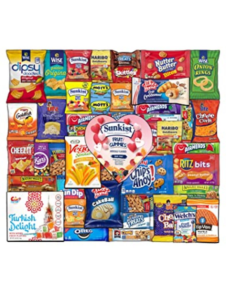 Valentines Day Gifts Care Package (40 Count) Snacks Cookies Candy Gummies Gift Box Variety Bundle for Boy Girl Friend Student College Child Husband Wife Boyfriend Girlfriend Love Niece Nephew Him Her Kids